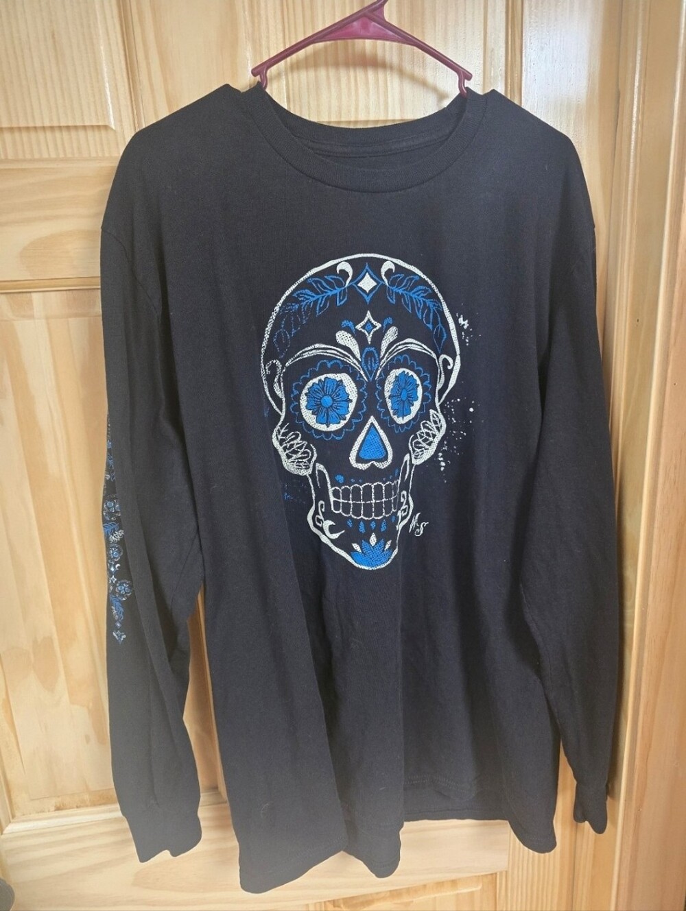 Mens Black Long-Sleeve Tee with Blue Sugar Skull Graphic